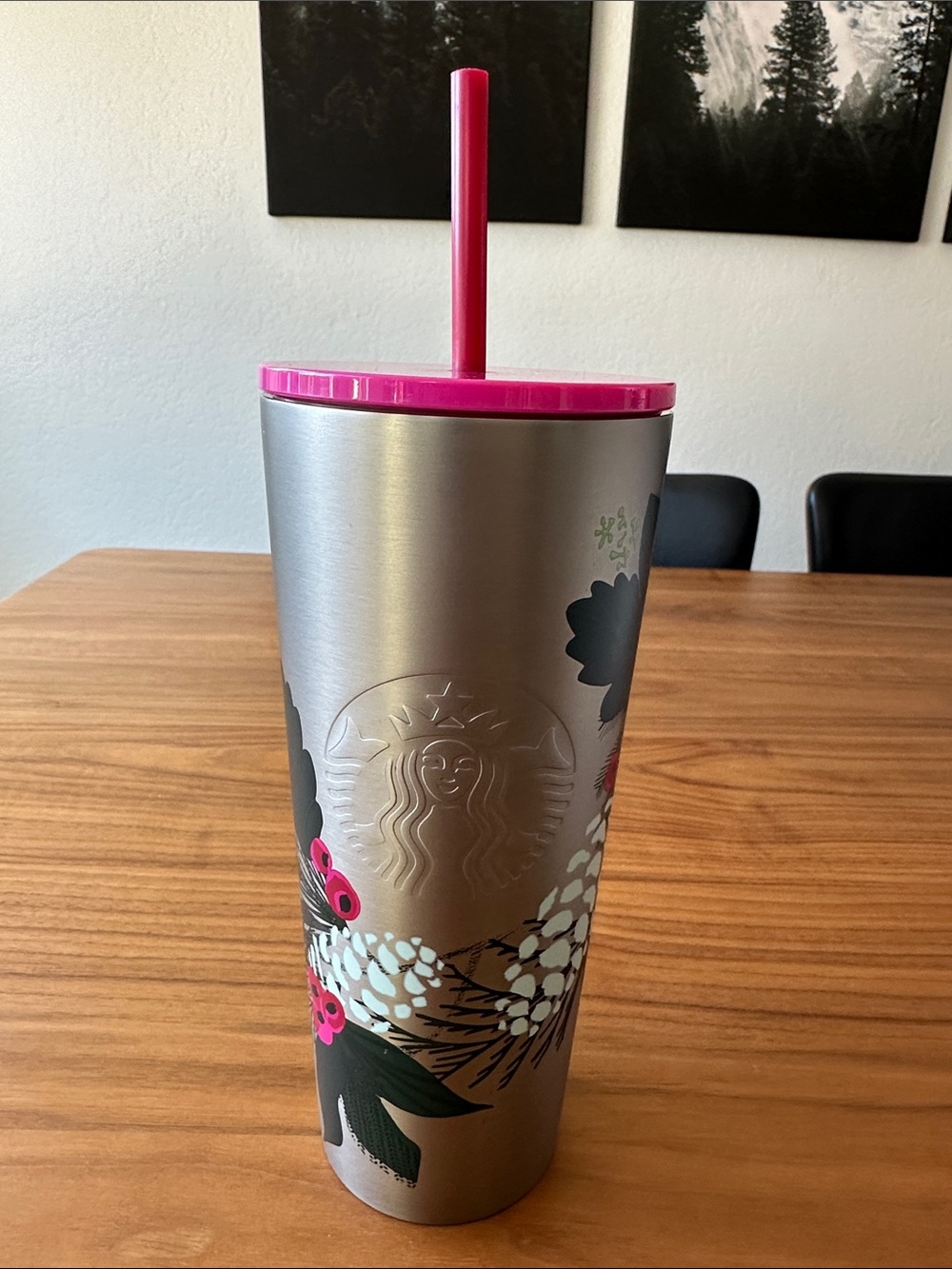 Starbucks Silver Floral Christmas Tumbler with Pink Lid and Straw, 24 oz.